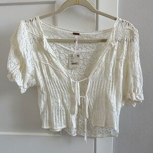 Free People White Cropped Crochet Tie-Front Blouse